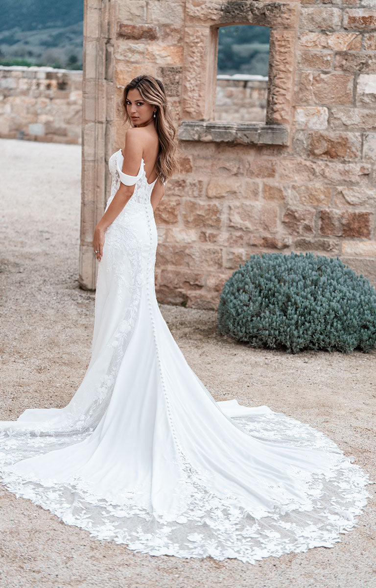 allure off the shoulder wedding dress Allure/ Elegant Off-Shoulder Tulle Wedding Dress with Lace Bodice, Tea Length
