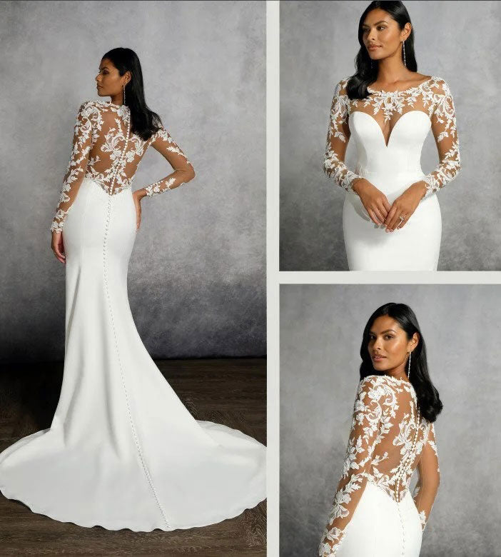 White wedding dress with lace sleeves and back, shown from different angles.