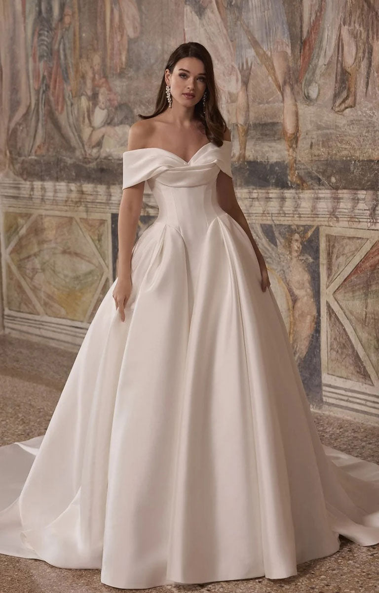 Adair by Veni Infantino Bridal - Mikado Ball Gown with Off-the-Shoulder Draped Neckline and Basque Waist