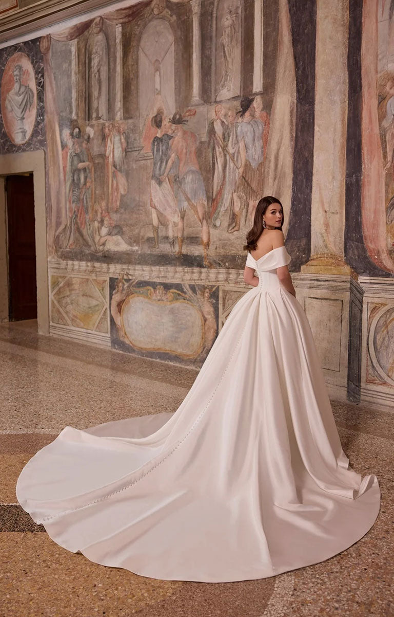 Adair by Veni Infantino Bridal - Mikado Ball Gown with Off-the-Shoulder Draped Neckline and Basque Waist