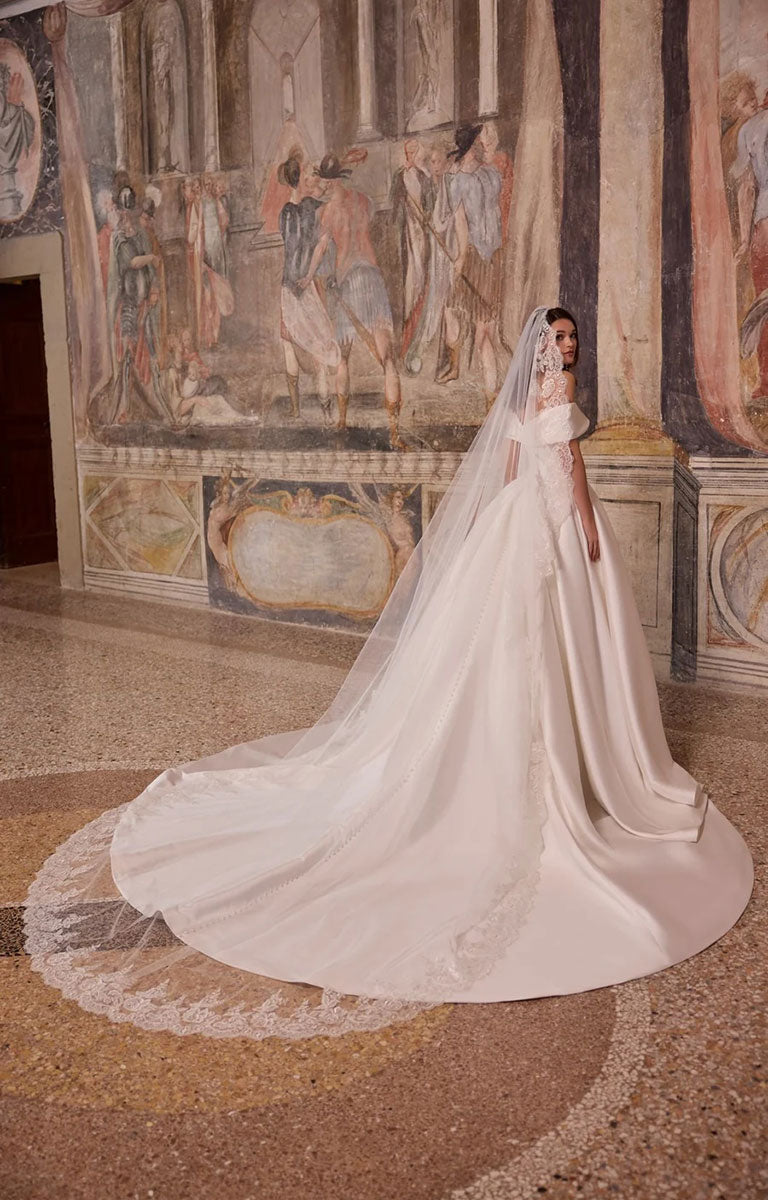 Adair by Veni Infantino Bridal - Mikado Ball Gown with Off-the-Shoulder Draped Neckline and Basque Waist