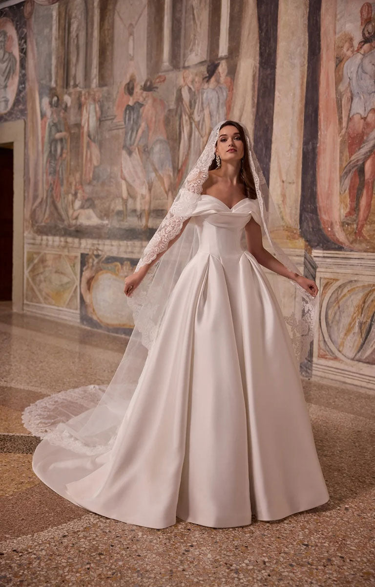 Adair by Veni Infantino Bridal - Mikado Ball Gown with Off-the-Shoulder Draped Neckline and Basque Waist
