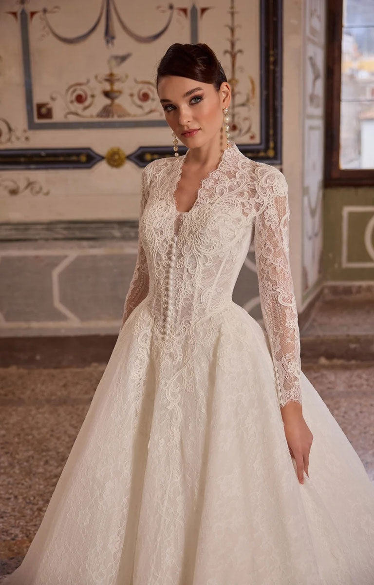 Alyx by Veni Infantino Bridal - All-Over Lace Ball Gown with High Neckline and Illusion Sleeves