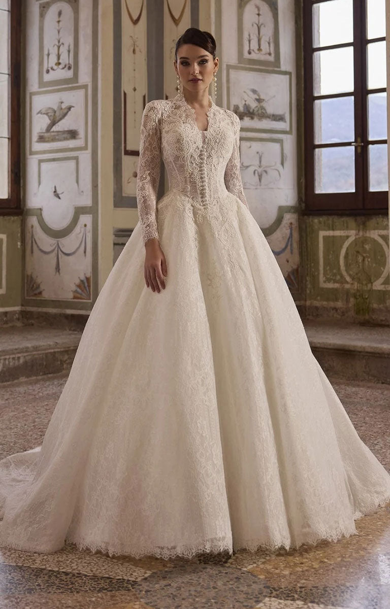 Alyx by Veni Infantino Bridal - All-Over Lace Ball Gown with High Neckline and Illusion Sleeves