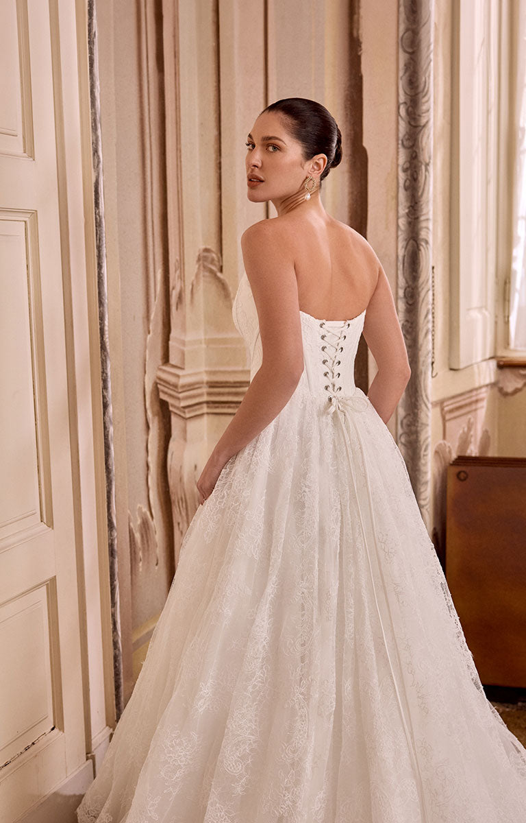 Woman in Leighton 88468 by Justin Alexander - Corded Lace A-Line Wedding Dress with Basque Waist standing in an elegant room with decorative walls.