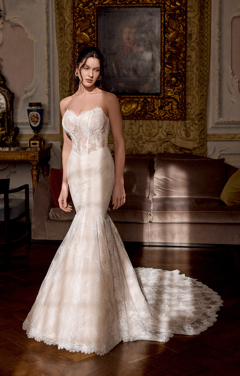 Woman in a white wedding dress standing in an elegant room with classical decor.