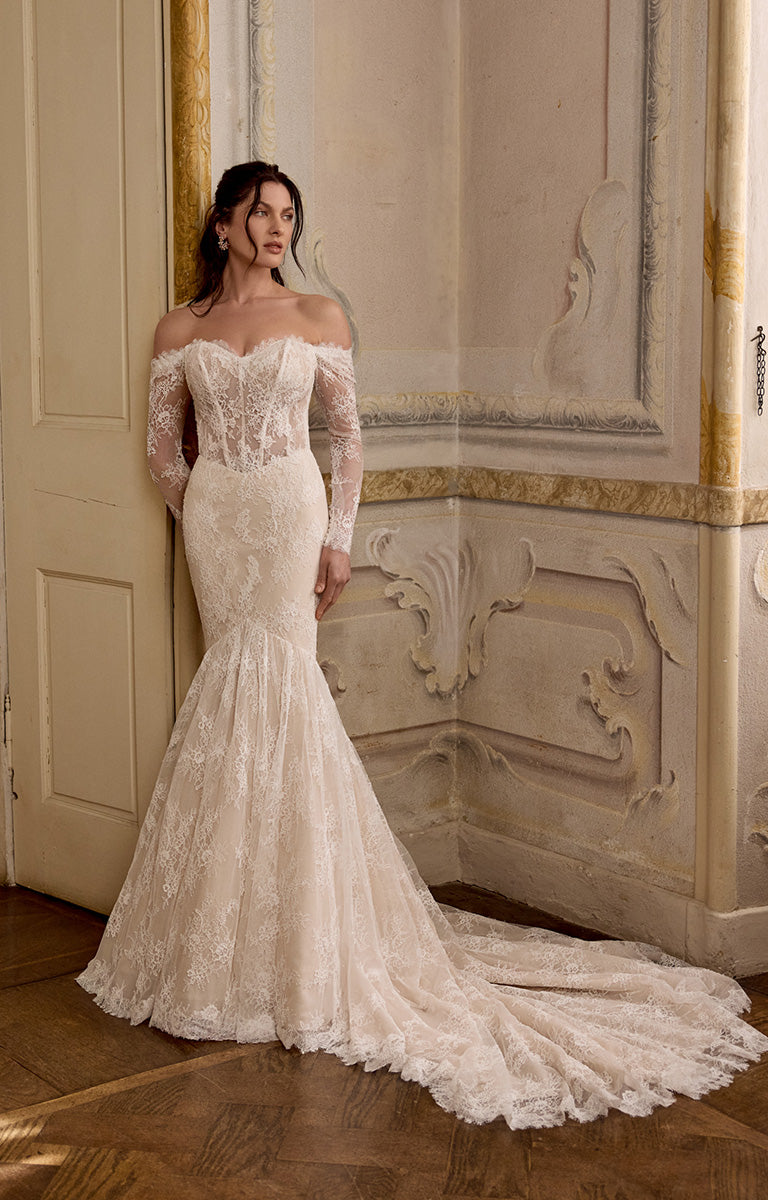 Woman in a lace wedding dress standing in an elegant room with ornate walls.
