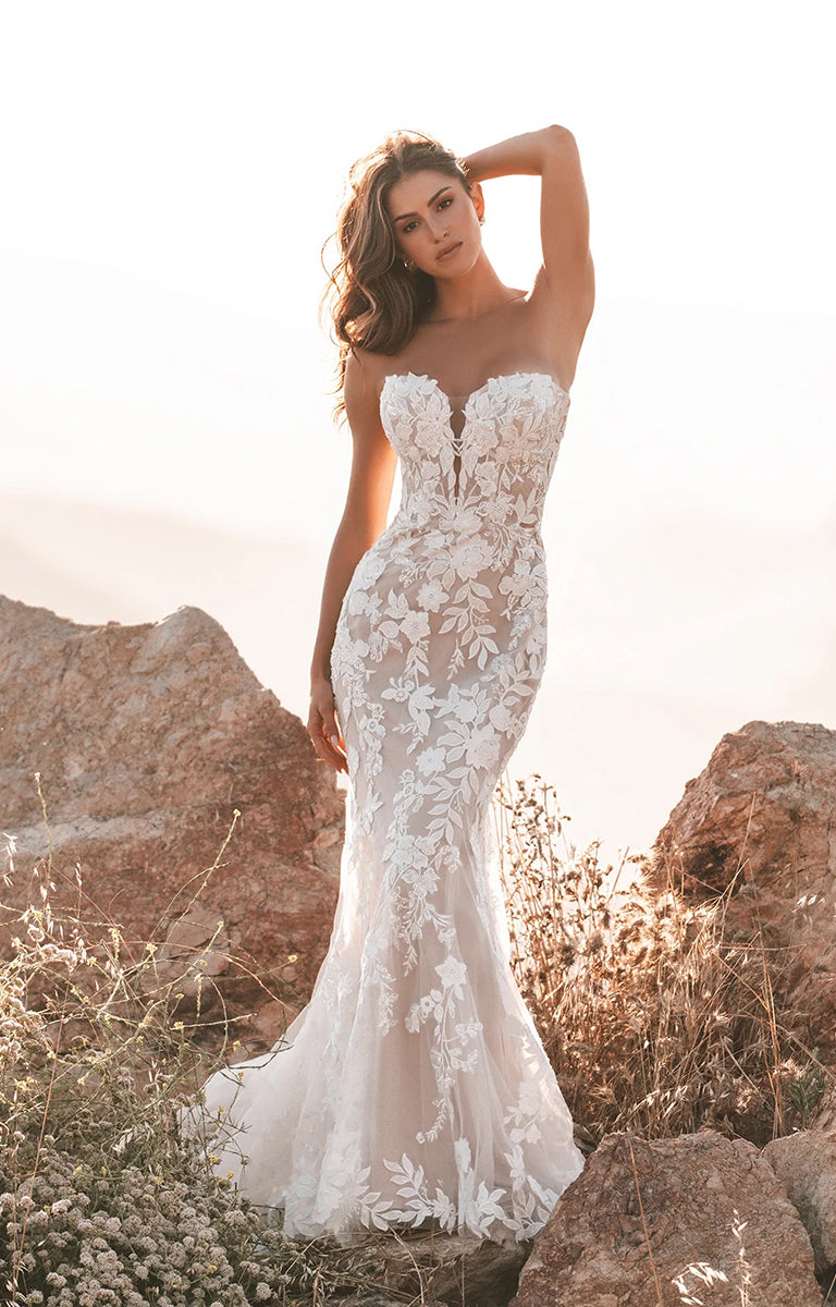 Woman wearing A1212 by Allure Bridals - Strapless Sheath Wedding Dress with Beaded Lace Appliqués.