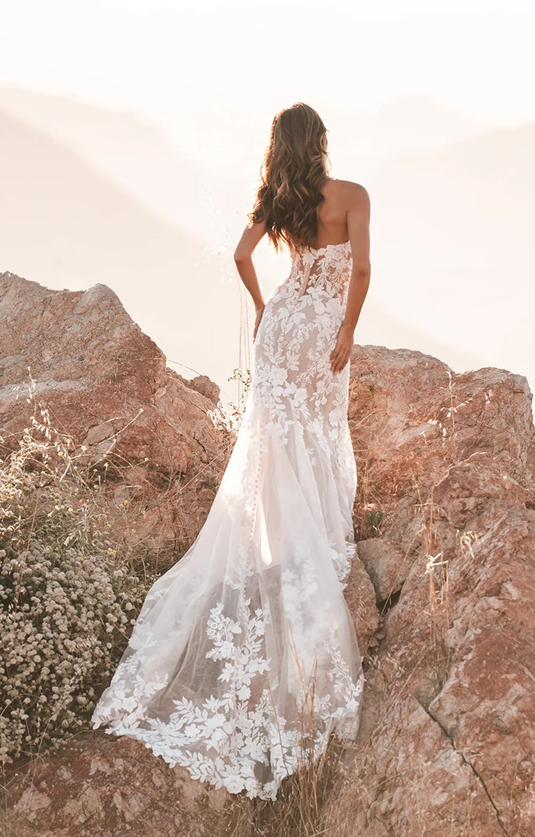 Woman wearing A1212 by Allure Bridals - Strapless Sheath Wedding Dress with Beaded Lace Appliqués.