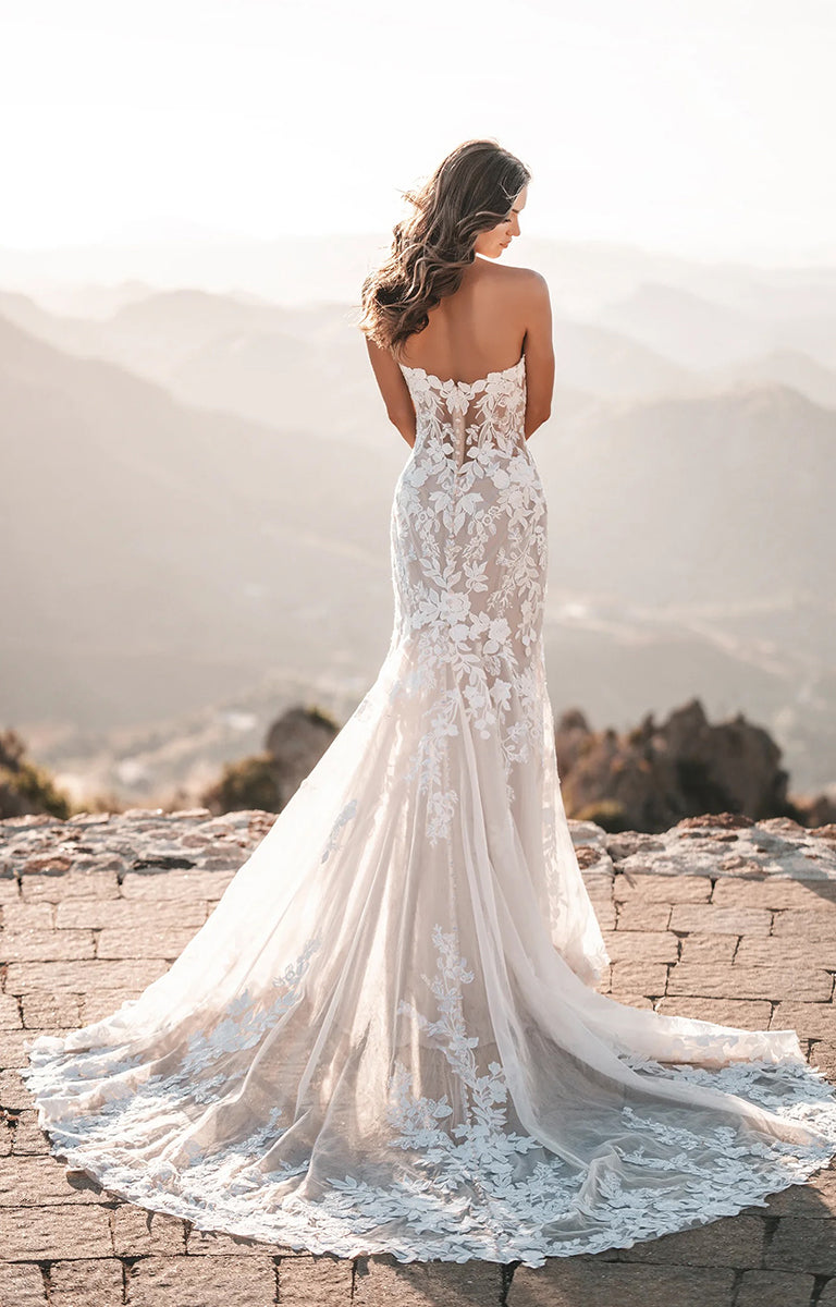 Woman wearing A1212 by Allure Bridals - Strapless Sheath Wedding Dress with Beaded Lace Appliqués.