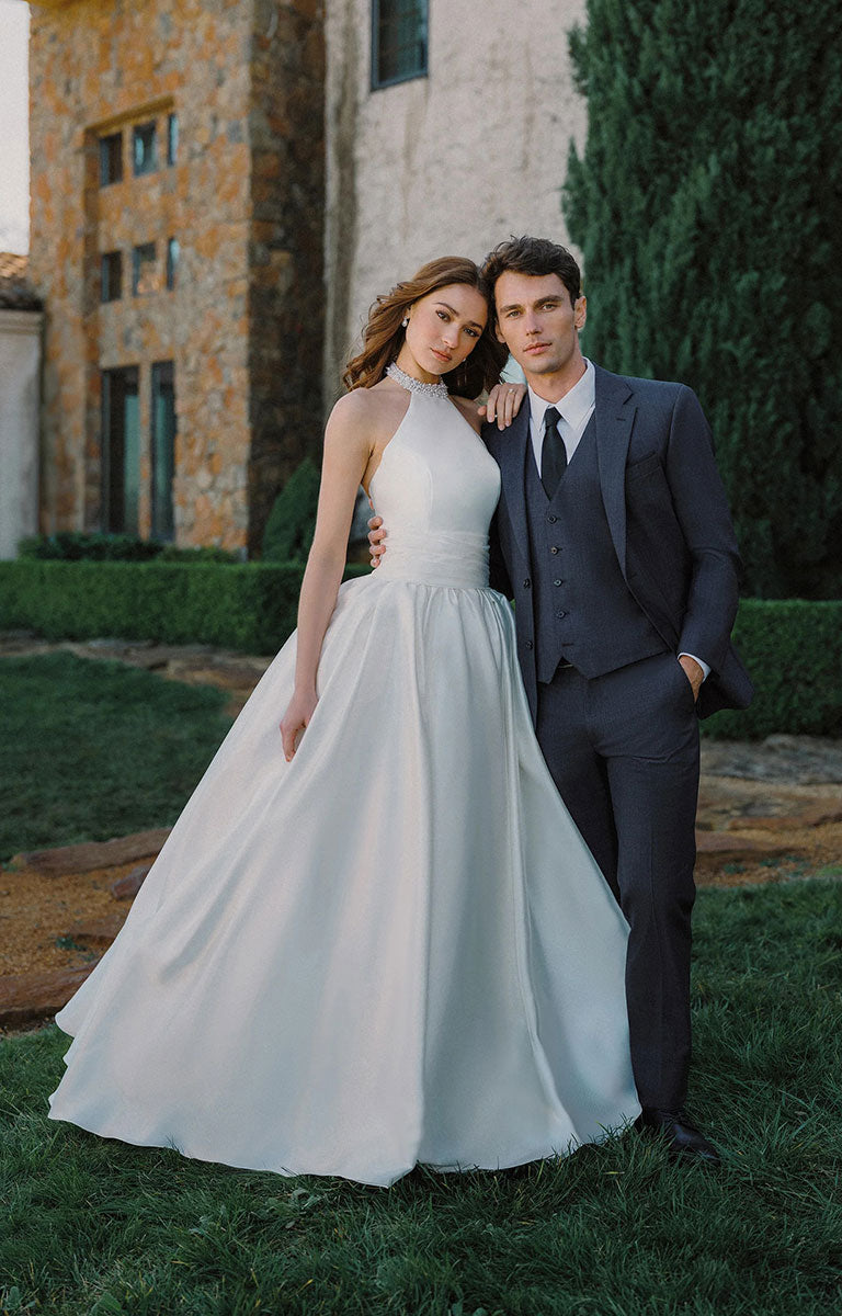 A1498 by Allure Bridals - Mikado Ball Gown with Beaded Halter Neckline and Pearl Detailing