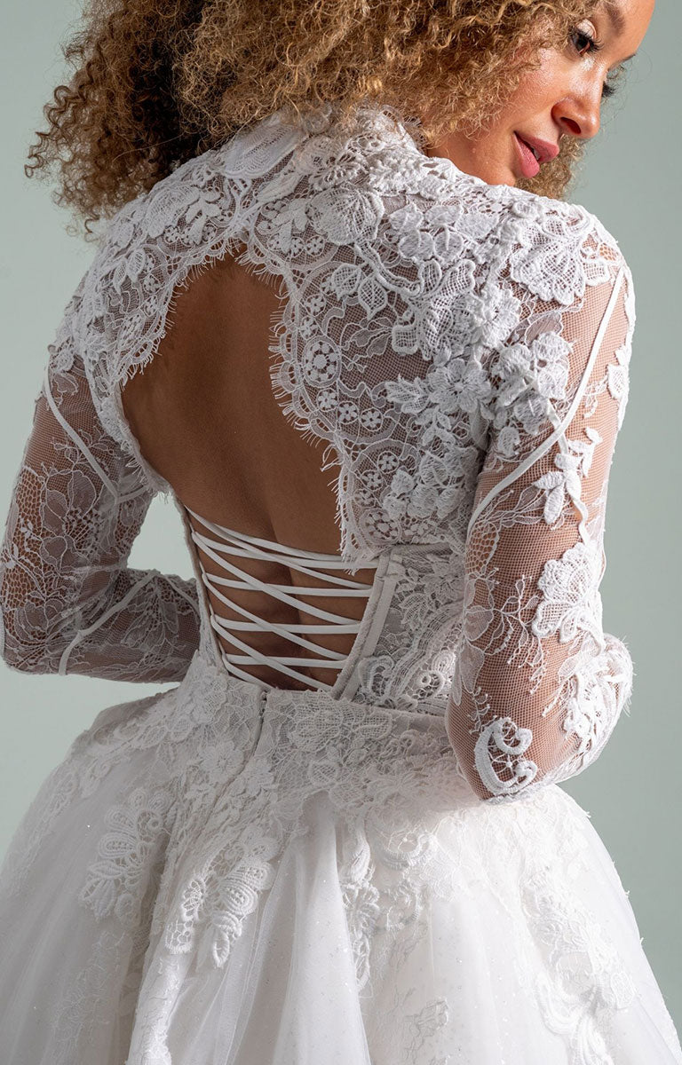 Becoming Jane by Hayley Paige - Convertible Lace Fit-and-Flare Wedding Dress with Tulle Overskirt with long sleeves and open back on a plain background
