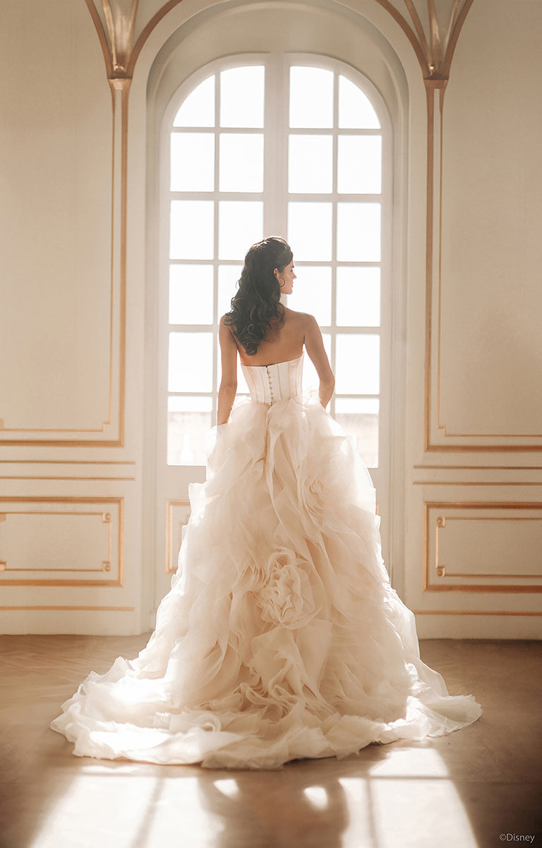 Woman in DP422 Belle - Disney Fairytale Weddings Wedding Dress standing in a room with large windows and ornate walls.