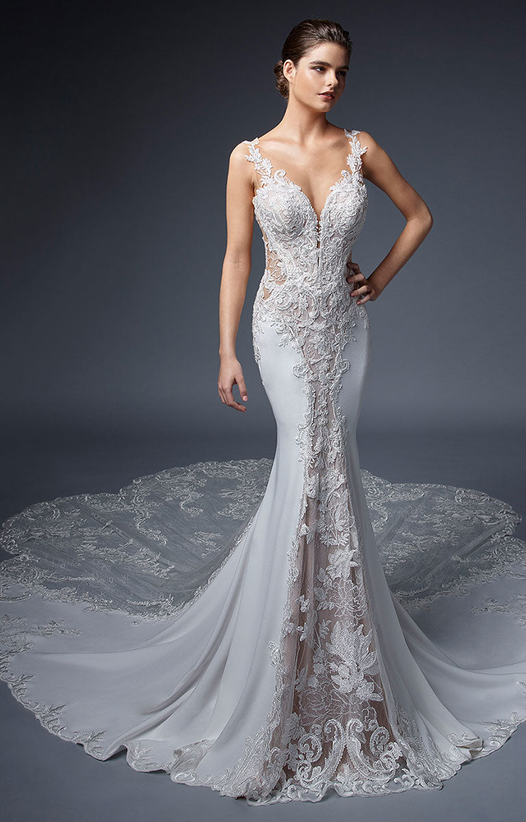 Nadiya by ÉLYSÉE - Illusion Lace Fit and Flare Wedding Dress with Beaded Train on a dark background