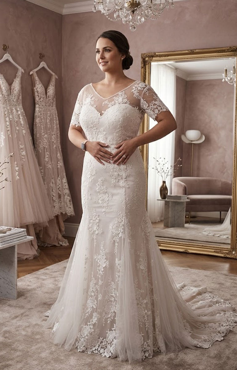 Woman in Eves Collection - WP535 - a lace wedding dress standing in a elegant room with dresses and a mirror.