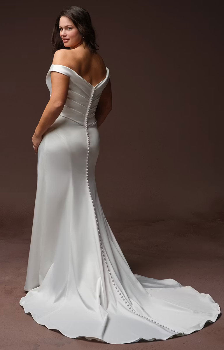 Woman wearing Clementine by Rebecca Ingram - Sculpted Fit-and-Flare Satin Wedding Dress with Draped Off-the-Shoulder Sleeves