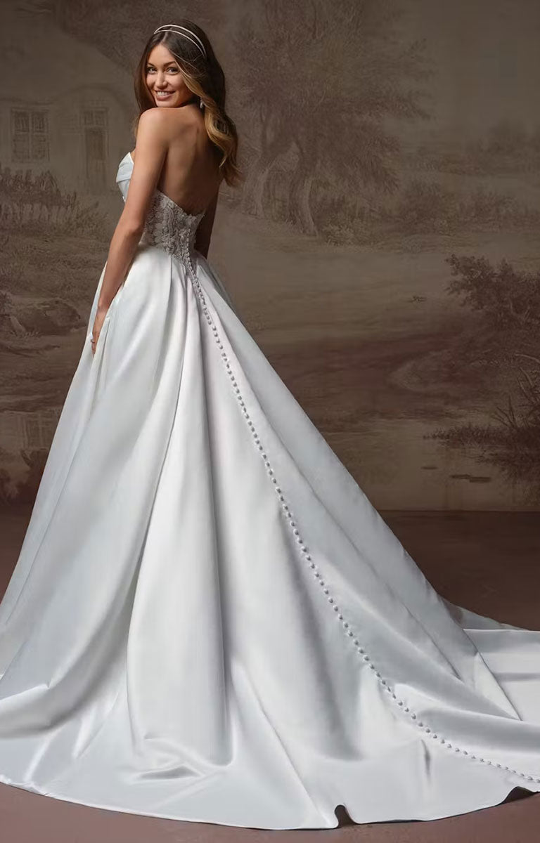 A woman modeling Gigi by Rebecca Ingram - 3D Floral Satin Ball Gown with Deep Basque Waist and Detachable Panniers with a fitted embellished bodice, sheer back, and a long satin train against a muted scenic backdrop.