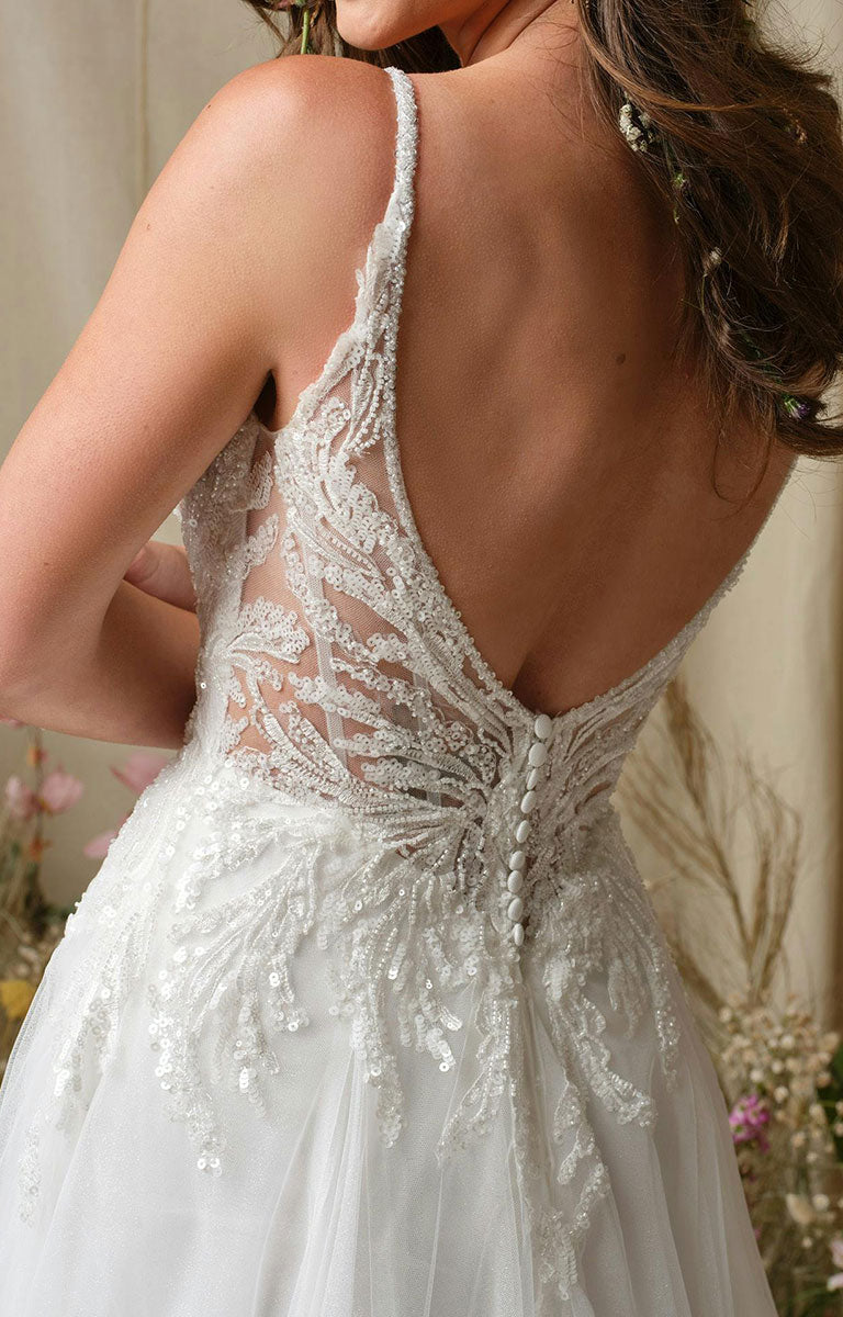 Close-up of Valarie by Rebecca Ingram - Sparkle Lace A-Line Wedding Dress with Plunging V-Neck and Side Slit.