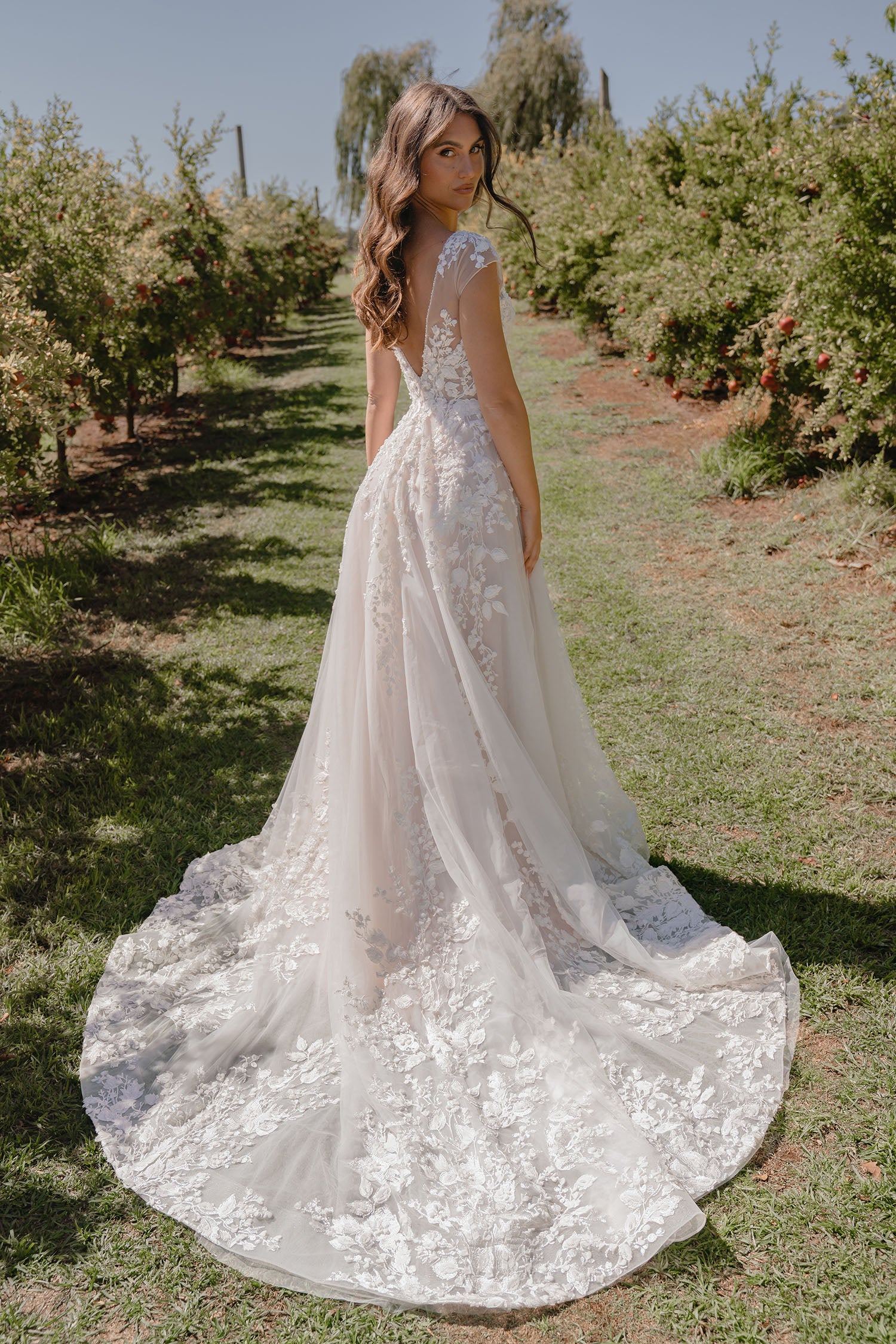 Woman in Sarah by Madi Lane - a white lace wedding dress standing in an orchard.