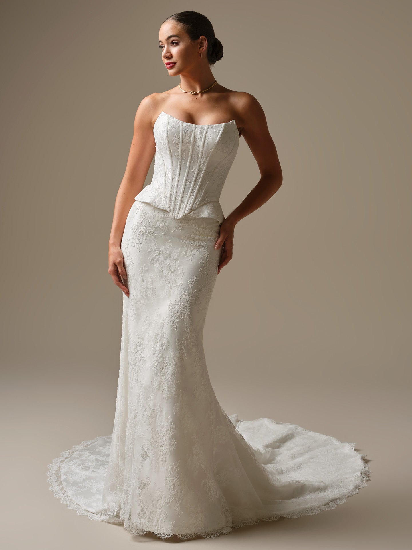 Woman wearing Lassen by Sottero and Midgley - Strapless Chantilly Lace Sheath Wedding Dress with Cat-Eye Neckline and Corset Bodice with a plain background