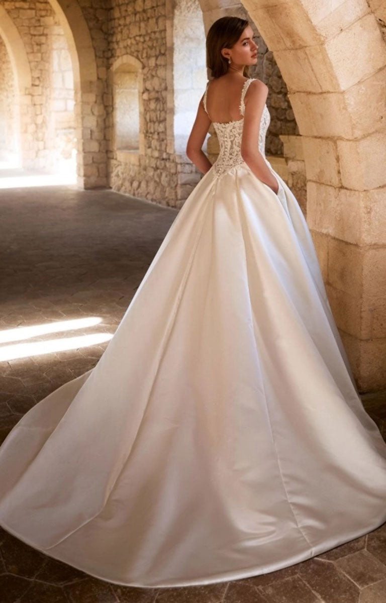 As woman wearing Glorielle by Étoile Bridal - Satin Ballgown Wedding Dress with Sweetheart Neckline and Royal Train