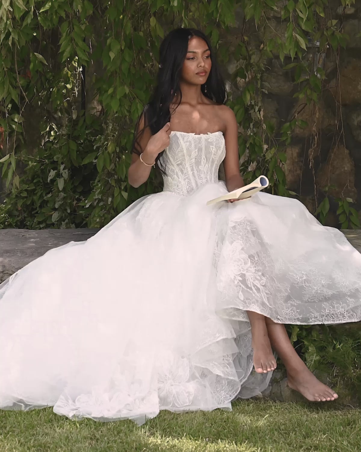 Video of Woman wearing Lisa by Rebecca Ingram - Cat Eye Neckline Illusion Lace Ballgown Wedding Dress