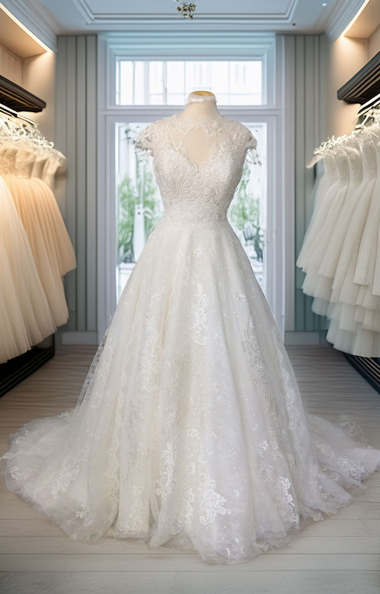 R1312 by Eve’s Collection - Lace Ballgown Wedding Dress with Capped Sleeves and Modest Neckline on a mannequin in a well-lit room with other dresses.
