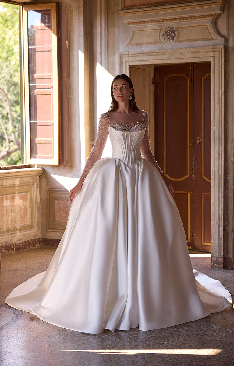 63226 Anissa by Veni Infantino - Pearl-Embellished Ball Gown Wedding Dress with Illusion Neckline