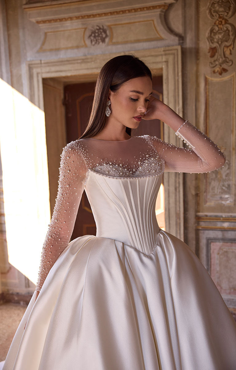 63226 Anissa by Veni Infantino - Pearl-Embellished Ball Gown Wedding Dress with Illusion Neckline