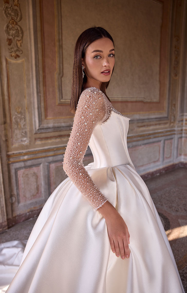 63226 Anissa by Veni Infantino - Pearl-Embellished Ball Gown Wedding Dress with Illusion Neckline