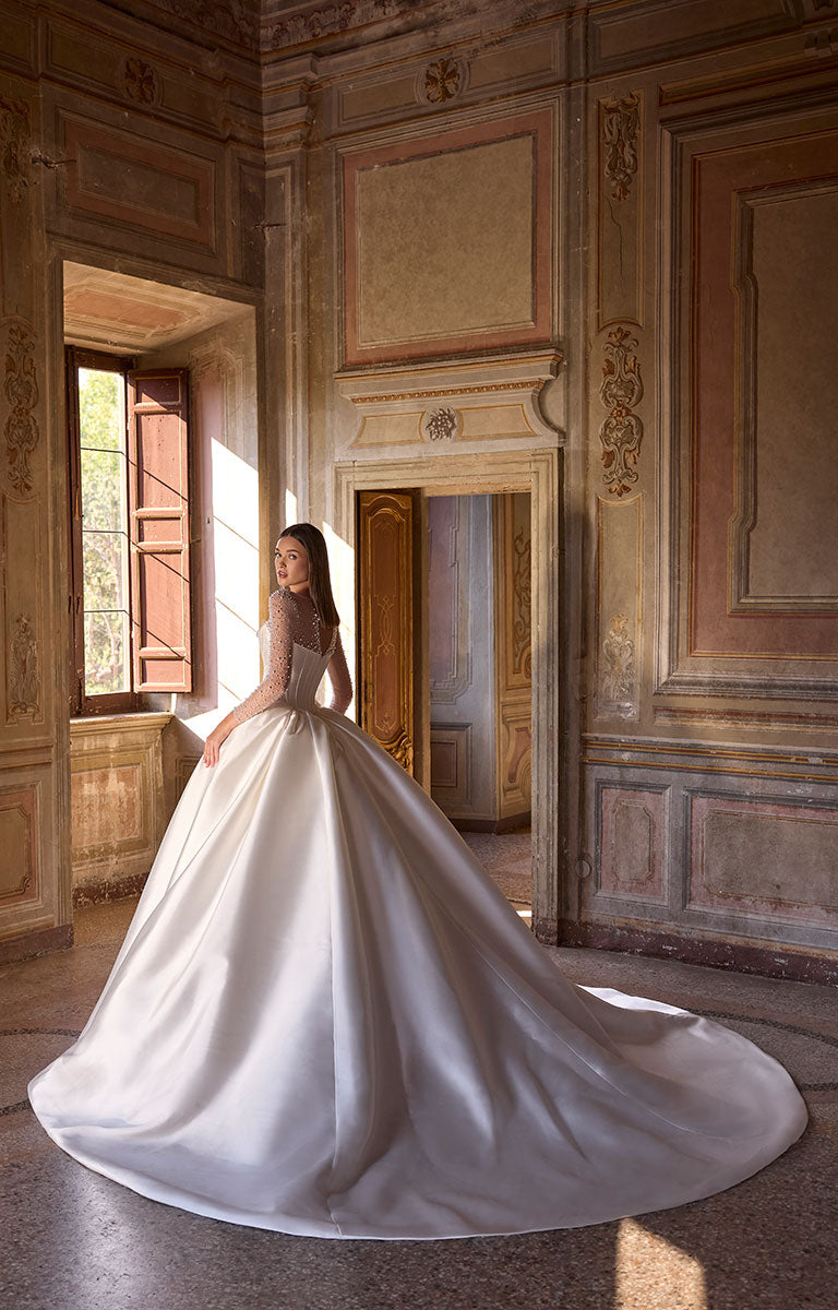 63226 Anissa by Veni Infantino - Pearl-Embellished Ball Gown Wedding Dress with Illusion Neckline