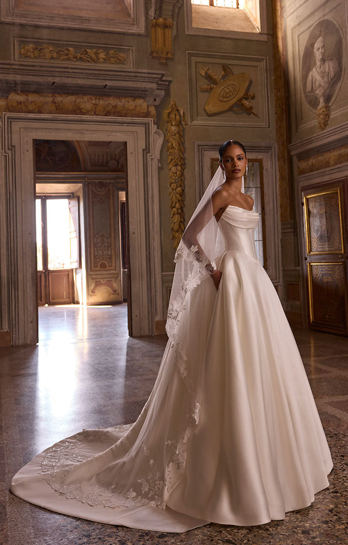 63234 Avery by Veni Infantino - Strapless Mikado Ball Gown Wedding Dress with Buttoned Hem