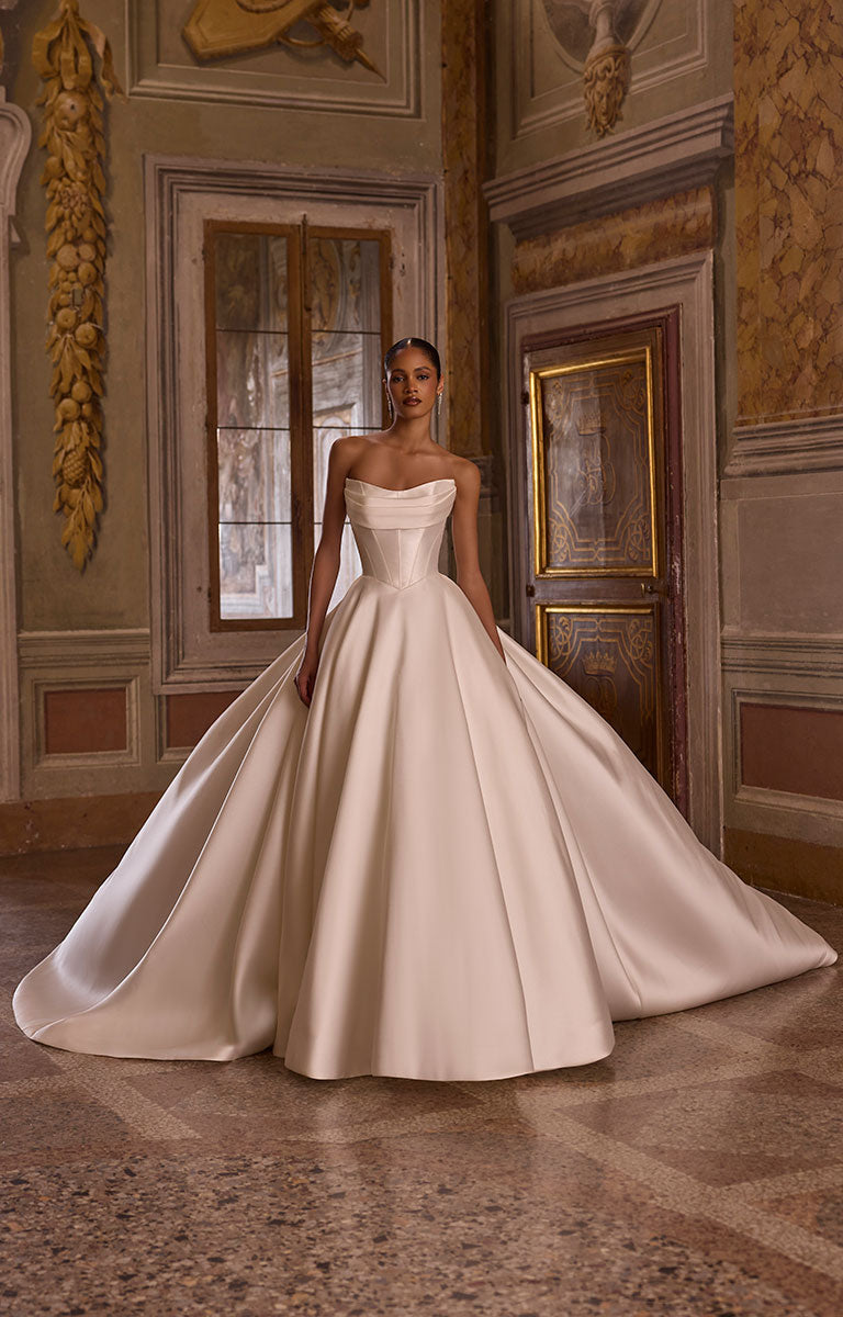 63234 Avery by Veni Infantino - Strapless Mikado Ball Gown Wedding Dress with Buttoned Hem